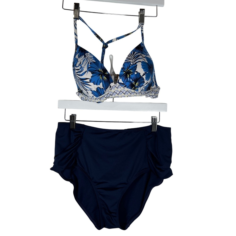 Tropical Floral Navy Bikini Set High Waisted Ruched Push Up‎ Swimsuit XL/M